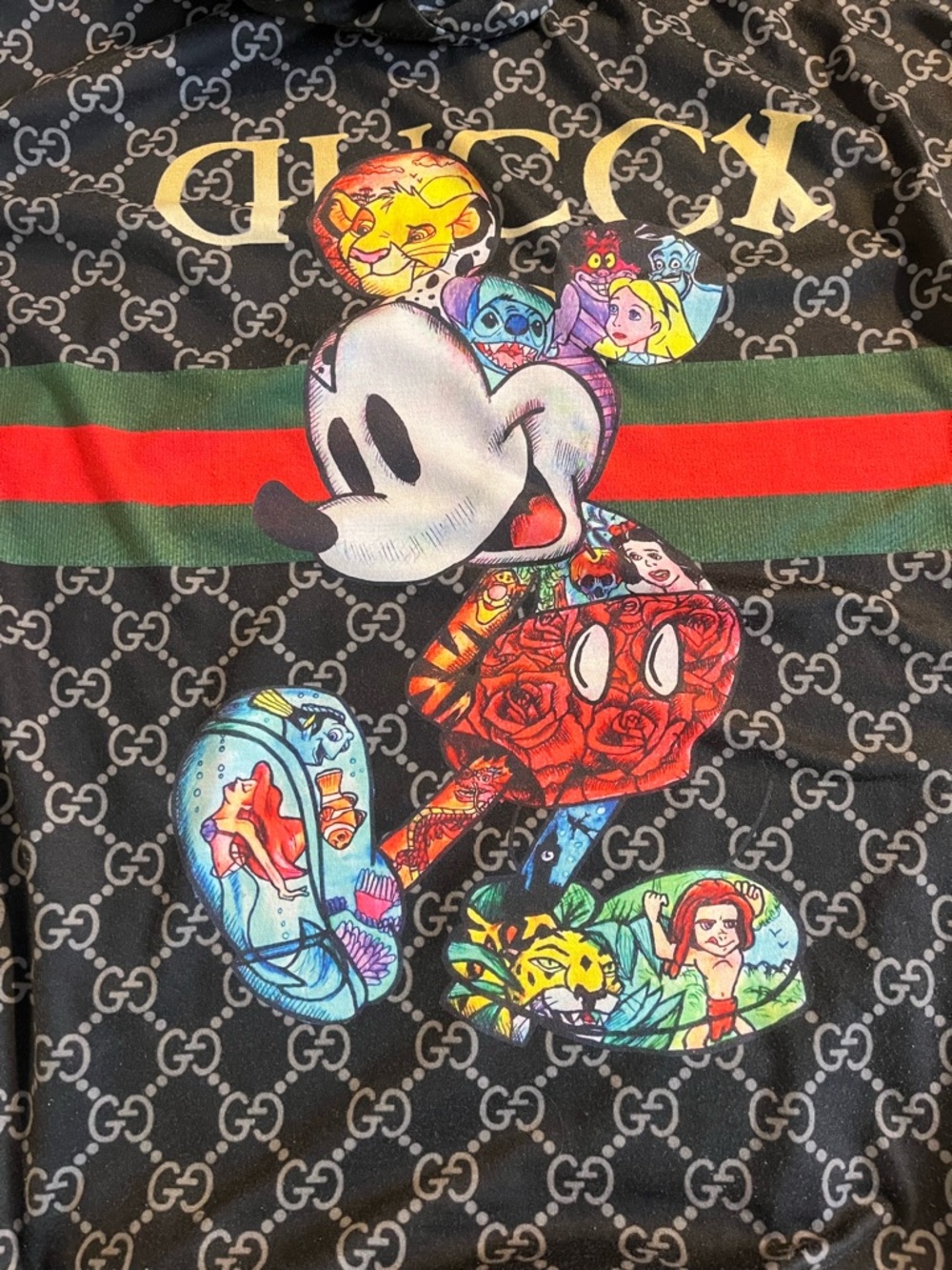 Gucci Black Monogram Graphic Disney Hoodie with Red & Green Stripe - Picture 8 of 9